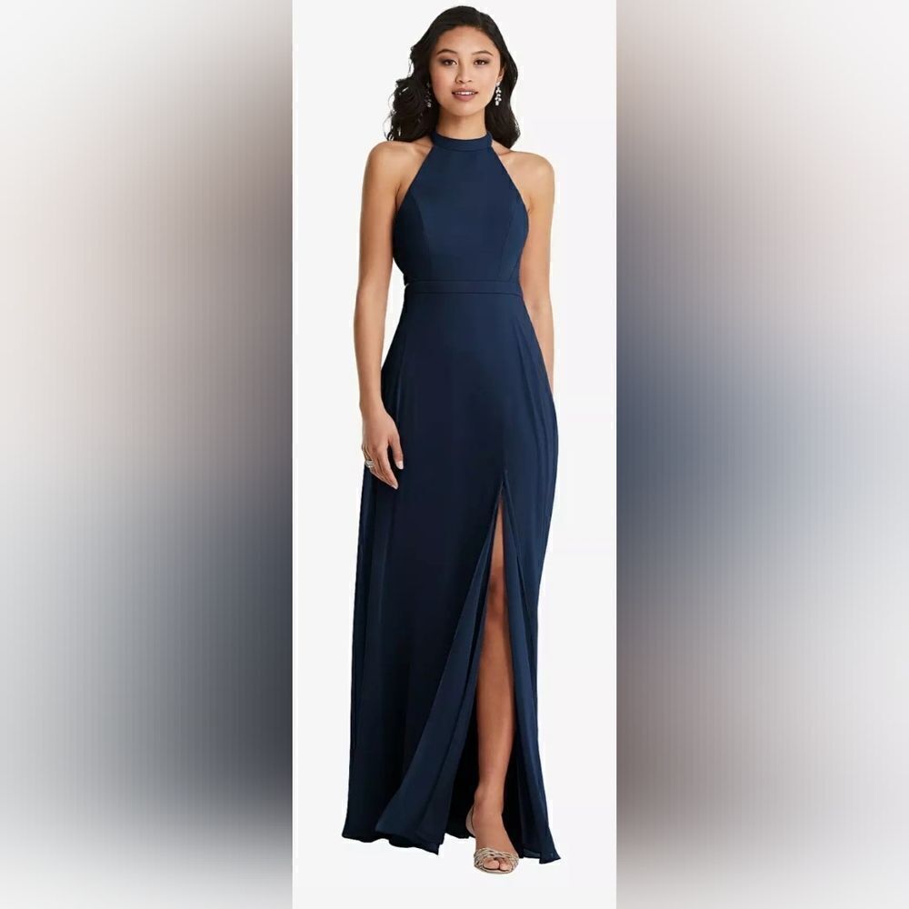 Dessy Collection 3082 Halter Dress Criss Cross Back sz 4 Midnight Blue NWT